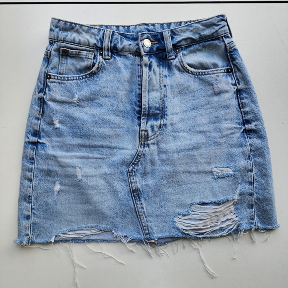 H&M &Denim Skirt Women's Button Fly Cut Off Frayed High Rise Blue Raw Cotton 4 - Picture 1 of 9